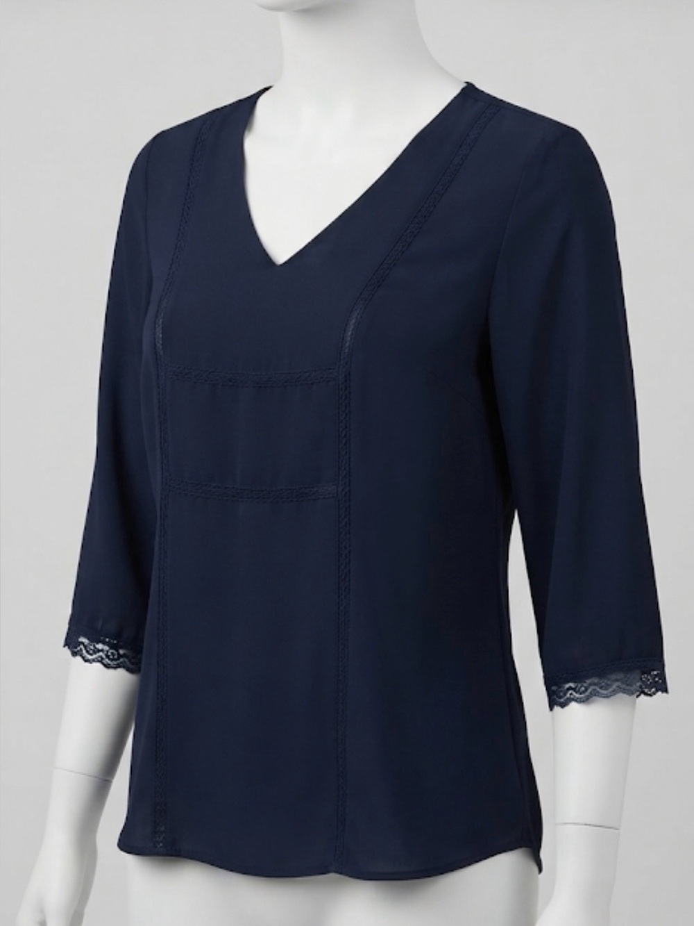 twik Dark Navy V‑Neck Blouse with Lace Trim Sleeves